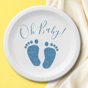 Oh Baby Blue Glitter Feet Baby Shower Paper Plate