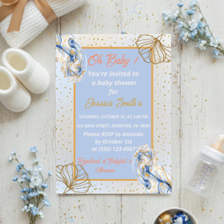 Oh Baby Blue Gold Ginkgo Leaf Baby Shower Invitation