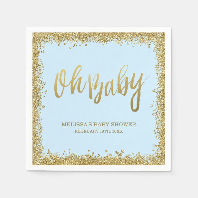 Oh Baby Blue Gold Glitter Baby Shower Napkin (Front)