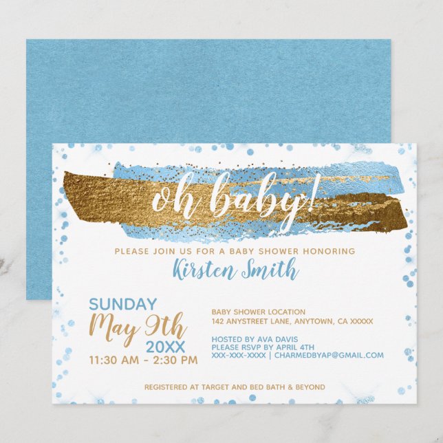 Oh Baby Blue Gold Simple Elegant Boy Baby Shower Invitation (Front/Back)