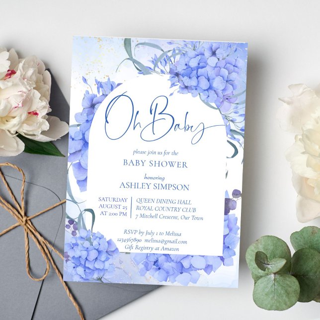 Oh baby blue hydrangeas elegant baby shower invitation (Oh Baby blue hydrangeas floral arch baby shower invitation modern casual script)