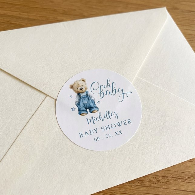 Oh Baby Blue Jean Baby Denim Baby Shower Classic Round Sticker (Creator Uploaded)