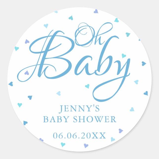 Oh Baby Blue Love Hearts Baby Shower / Sprinkle Classic Round Sticker (Front)