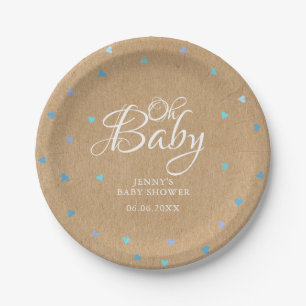 Oh Baby Blue Love Hearts Baby Shower / Sprinkle Paper Plate