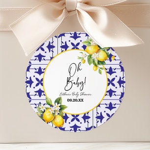 Oh Baby! Blue Mediterranean Tile Lemon Baby Shower Classic Round Sticker