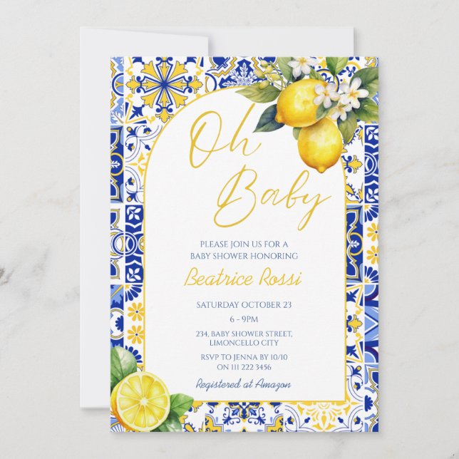 Oh Baby Blue Mediterranean Tile Lemon Baby Shower Invitation (Front)