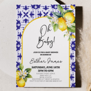 Oh Baby! Blue Mediterranean Tile Lemon Baby Shower Invitation