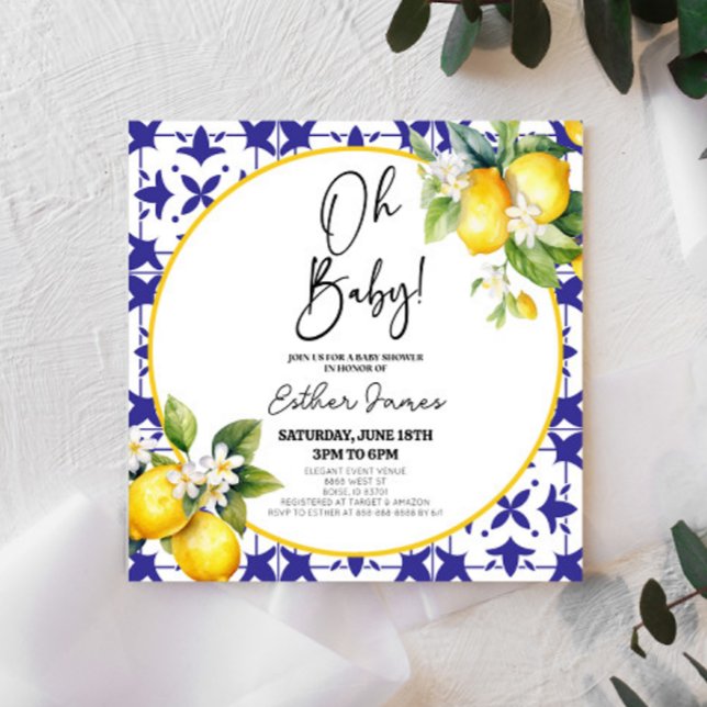 Oh Baby! Blue Mediterranean Tile Lemon Baby Shower Invitation (Creator Uploaded)