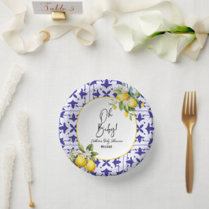 Oh Baby! Blue Mediterranean Tile Lemon Baby Shower Paper Plate