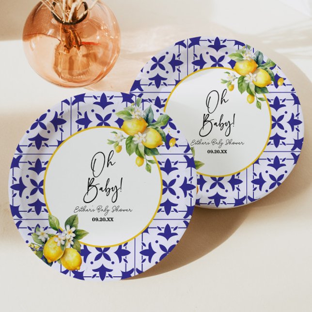 Oh Baby! Blue Mediterranean Tile Lemon Baby Shower Paper Plate (Creator Uploaded)