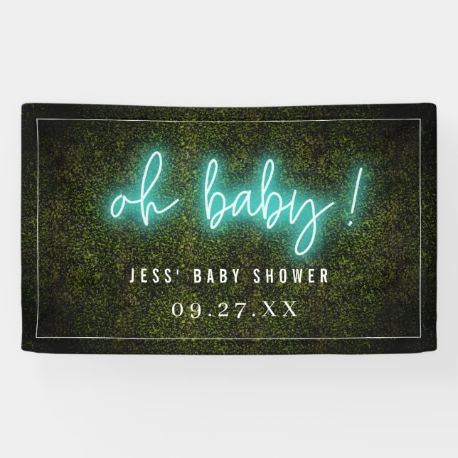 Oh Baby Blue Neon Boxwood Baby Shower Banner (Horizontal)