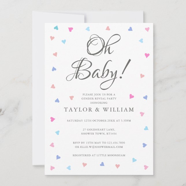 Oh Baby Blue Pink Hearts Gender Reveal Party Invitation (Front)