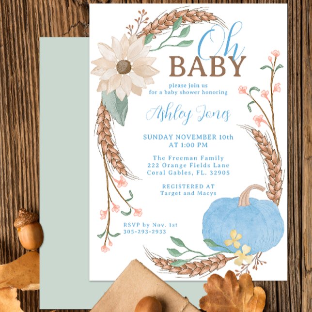 Oh Baby Blue Pumpkin Shower Invite (Blue Pumpkin Fall Pumpkin Baby Shower Invitation)