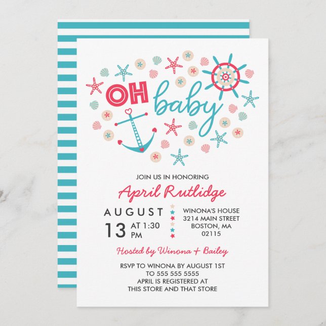 Oh Baby Blue & Red Nautical Baby Shower Invitation (Front/Back)