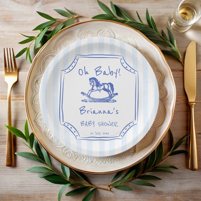 Oh baby blue rocking horse sketch baby shower paper plate (Oh baby blue rocking horse handrawn sketch vintage western baby shower personalized paper plates)