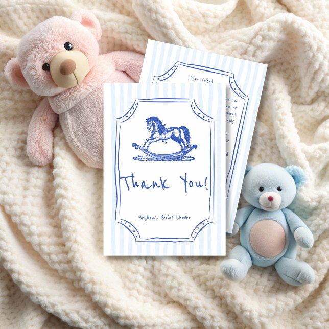 Oh baby blue rocking horse sketch baby shower thank you card (Oh baby blue rocking horse handrawn sketch baby shower thank you cards)