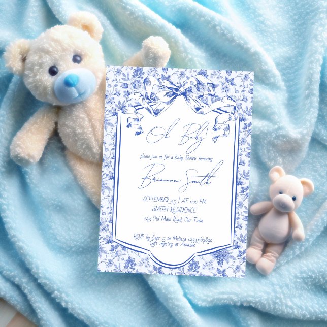 Oh baby blue toile de jouy sketch baby shower invitation (Oh baby blue toile de jouy ribbon bow sketch baby shower invitation template)