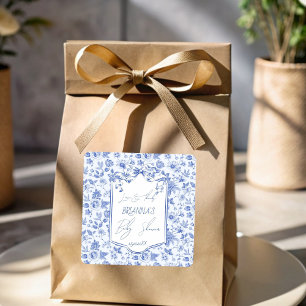 Oh baby blue toile sketch baby shower favour square sticker