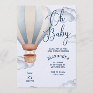 Oh Baby Blue Watercolor Air Balloon Baby Shower   Invitation