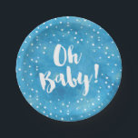 Oh Baby Blue Watercolor Baby Shower Paper Plate<br><div class="desc">Celebrate your baby shower with chic,  watercolor paper plates! The stylish paper plates feature a blue watercolor background,  white dots,  and modern brush font. Matching invitations,  stickers,  postage,  and party decor available.</div>
