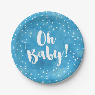 Oh Baby Blue Watercolor Baby Shower Paper Plate