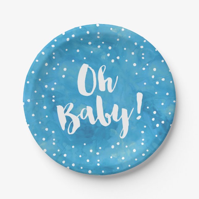 Oh Baby Blue Watercolor Baby Shower Paper Plate (Front)