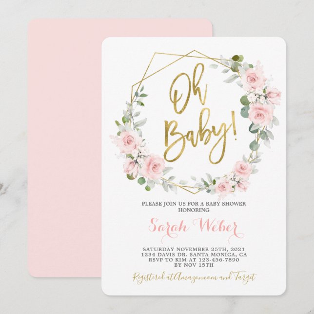 Oh Baby blush pink floral baby shower girl Invitation (Front/Back)