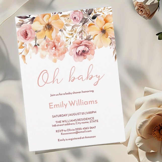 Oh Baby Blush Pink Floral Baby Shower Invitation (Blush pink and peach peonies watercolor girl baby shower invitation )