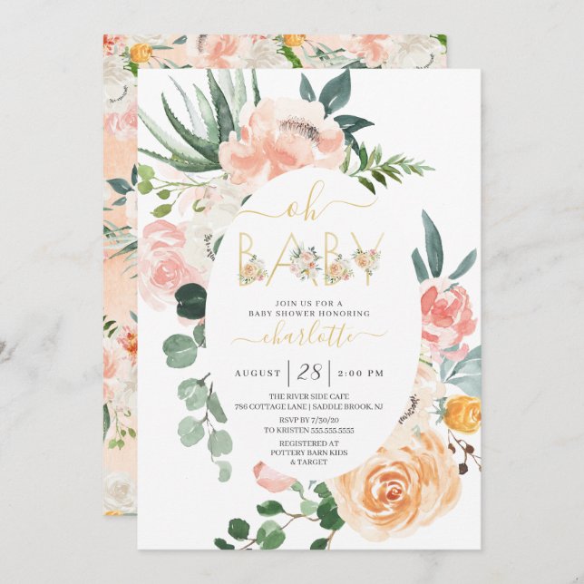 Oh Baby Blush Pink Gold Floral Baby Shower Invitation (Front/Back)