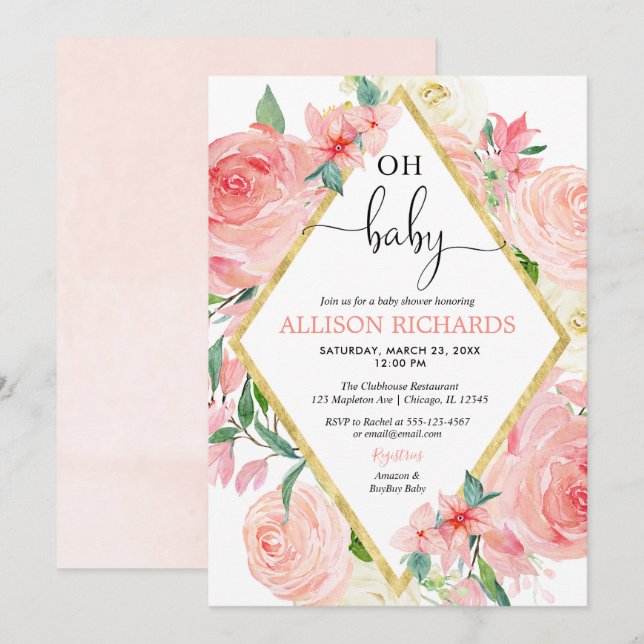 Oh baby blush pink gold girl baby shower invitation (Front/Back)