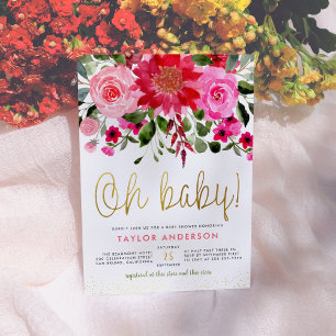 Oh Baby Blush Pink & Red Floral Baby Girl Shower Invitation
