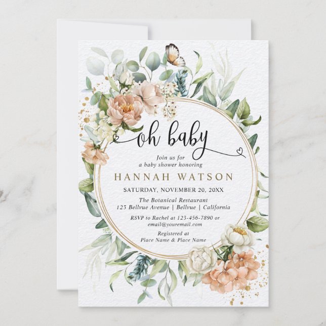 Oh Baby Blush Pink Rose Eucalyptus Baby Shower Invitation (Front)