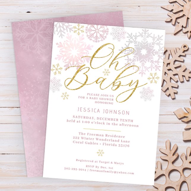 Oh Baby Blush Pink Winter Wonderland Baby Shower Invitation (Oh Baby Winter Wonderland Baby Shower - Pink & Glitter Gold)