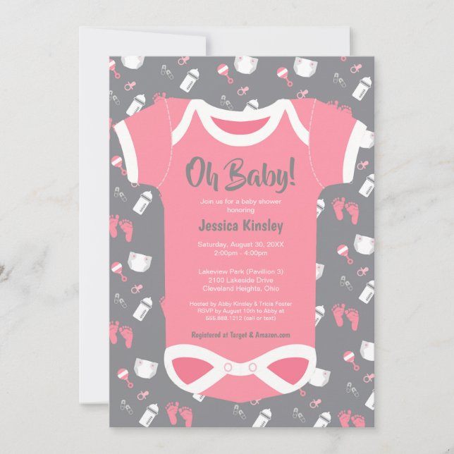 Oh Baby! Bodysuit baby girl shower invitation (Front)
