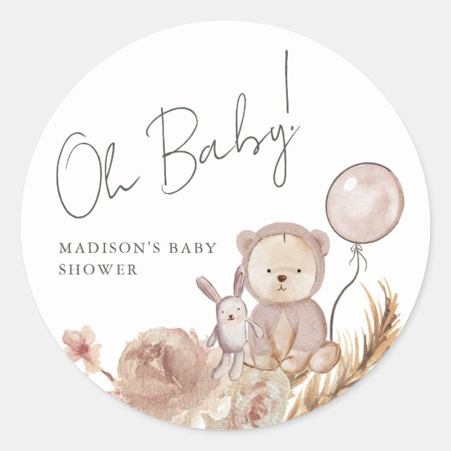 Oh Baby Boho Botanical with Sweet Bear Baby Shower Classic Round Sticker (Front)