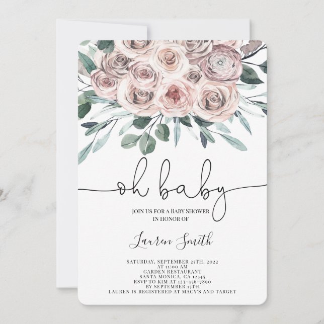 Oh Baby boho chic floral rose Baby Shower Girl Invitation (Front)