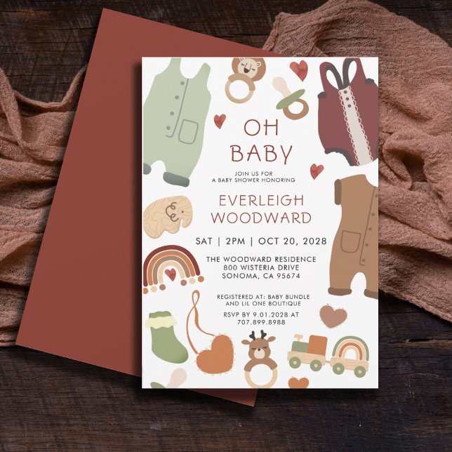 Oh Baby Boho Clothes Toys Boy Baby Shower  Invitation (Creator Uploaded)
