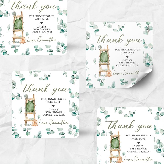 Oh Baby Boho Eucalyptus Baby Shower Square Sticker (Oh Baby Greenery Baby Shower Sticker)