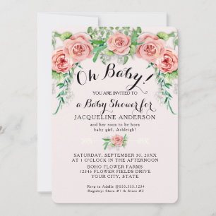 Oh Baby BOHO Shower Girl Pink Rose Floral Script  Invitation