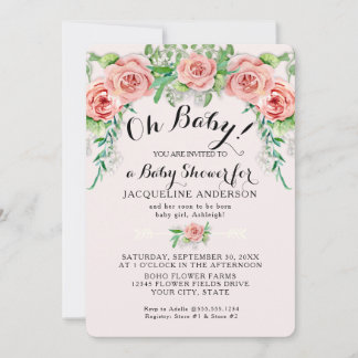 Oh Baby BOHO Shower Girl Pink Rose Floral Script  Invitation