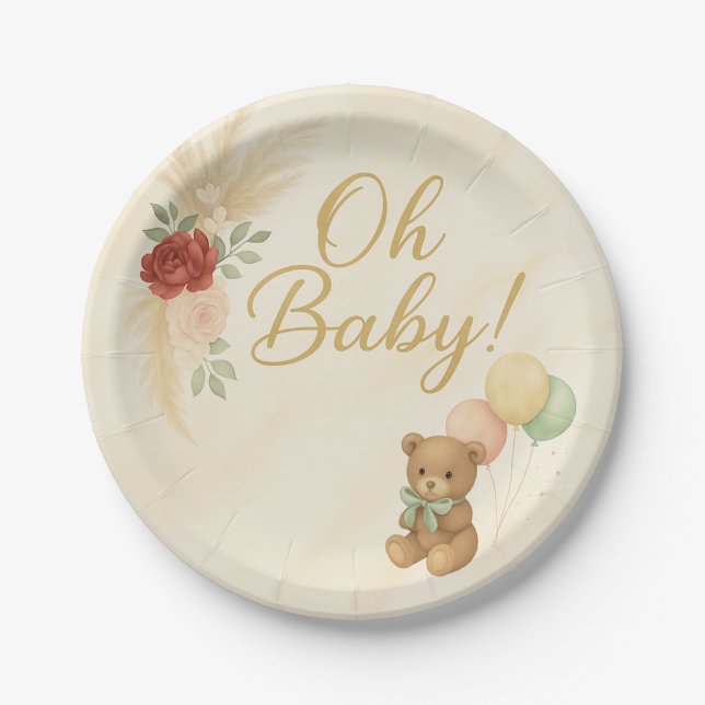 Oh Baby Boho Teddy Bear Baby Shower Round Plate (Front)