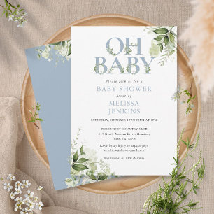 Oh Baby Botanical Greenery Dusty Blue Baby Shower Invitation