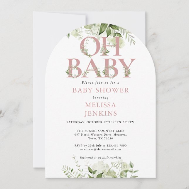 Oh Baby Botanical Greenery Dusty Rose Baby Shower Invitation (Front)