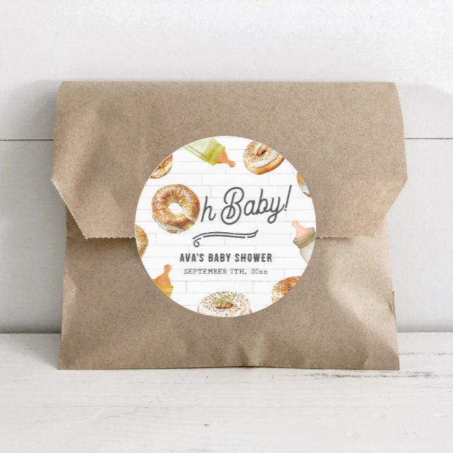 Oh Baby Bottles & Bagels Baby Shower Brunch Classic Round Sticker (Creator Uploaded)