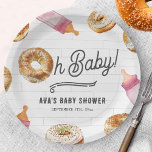 Oh Baby Bottles & Bagels Girl Baby Shower Brunch Paper Plate<br><div class="desc">Bottles & Bagels baby shower brunch theme with Illustration of a bagel incorporated in to the design "oh baby" with pink baby bottles and bagel illustrations all around.  Background design is subway tile.</div>