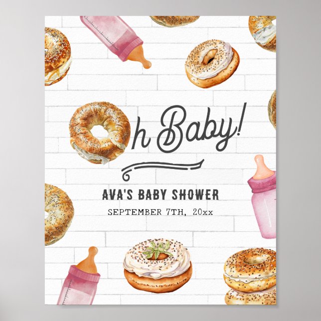 Oh Baby Bottles & Bagels Pink Baby Shower Welcome Poster (Front)