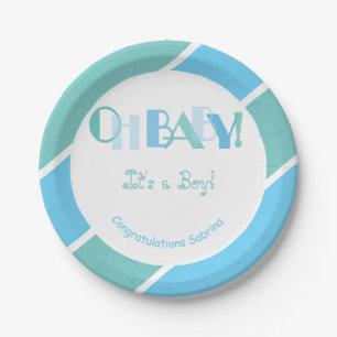 Oh Baby Boy Blue Modern Baby Shower Paper Plate