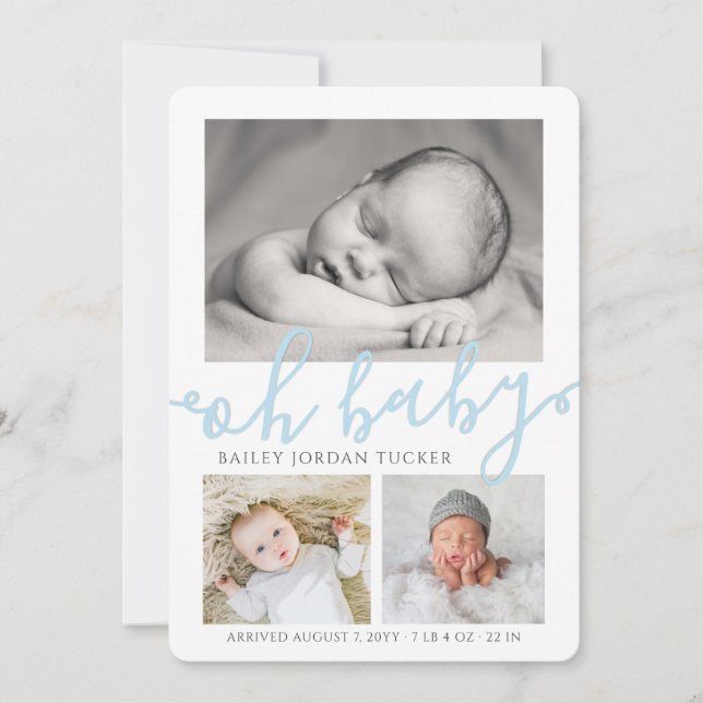 Oh Baby Boy Blue Script Collage Photo Birth Announcement (Front)