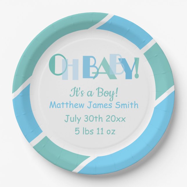 Oh Baby Boy Blue Typography Baby Shower Paper Plate (Front)