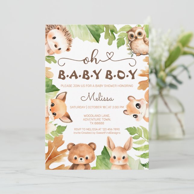 Oh Baby Boy Charming Woodland Baby Shower Invitation (Standing Front)